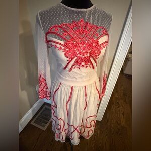 Romantic Nude Alice by Temperly Dress with Red Embroidery